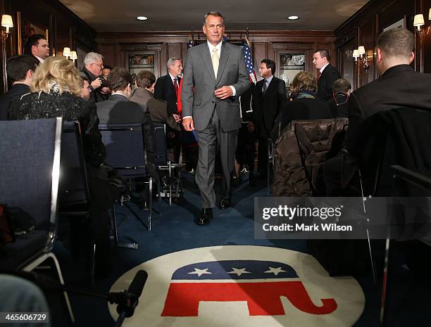 House Speaker John Boehner speaks to the media after attending the weekly House Republican conference at the U.S. Capitol January 28, 2014 in...