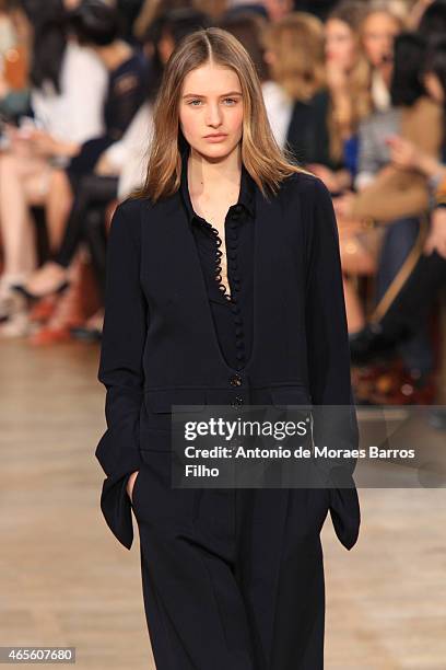 Model walks the runway during the Chloe show as part of the Paris Fashion Week Womenswear Fall/Winter 2015/2016 on March 8, 2015 in Paris, France.