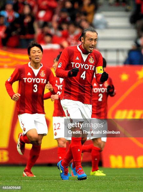 Marcus Tulio Tanaka of Nagoya Grampus celebrates scoring the second goal during the J.League match between Nagoya Grampus and Matsumoto Yamaga at...