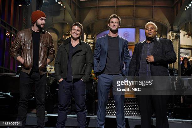 Chris Hemsworth" Episode 1677 -- Pictured: Liam Hemsworth, Luke Hemsworth, Chris Hemsworth and Kenan Thompson during the monologue on March 7, 2015 --