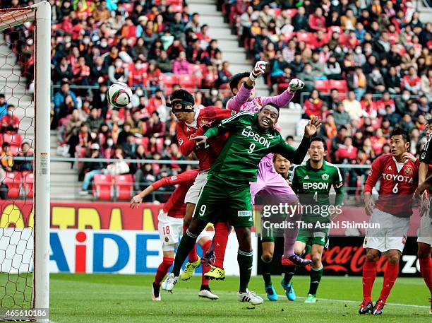 Obina of Matsumoto Yamaga scores his team's first goal during the J.League match between Nagoya Grampus and Matsumoto Yamaga at Toyota Stadium on...