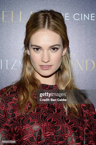 Actress Lily James attends The Cinema Society & Stuart Weitzman Host A Special Screening Of Disney's "Cinderella" at Tribeca Grand Hotel on March 8,...