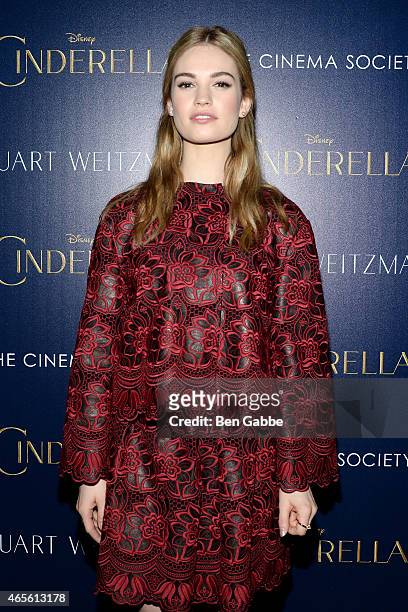 Actress Lily James attends The Cinema Society & Stuart Weitzman Host A Special Screening Of Disney's "Cinderella" at Tribeca Grand Hotel on March 8,...