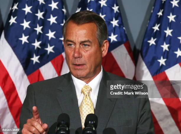 House Speaker John Boehner speaks to the media after attending the weekly House Republican conference at the U.S. Capitol January 28, 2014 in...
