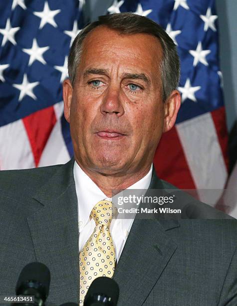 House Speaker John Boehner speaks to the media after attending the weekly House Republican conference at the U.S. Capitol January 28, 2014 in...