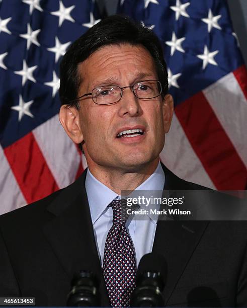 House Majority Leader Eric Cantor speaks to the media after attending the weekly House Republican conference at the U.S. Capitol January 28, 2014 in...