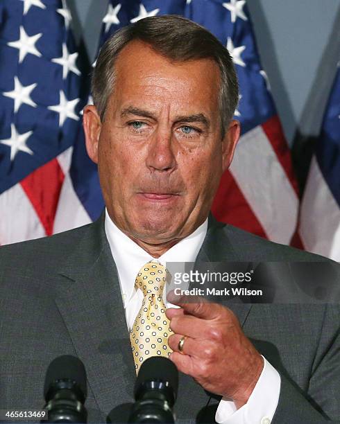 House Speaker John Boehner speaks to the media after attending the weekly House Republican conference at the U.S. Capitol January 28, 2014 in...