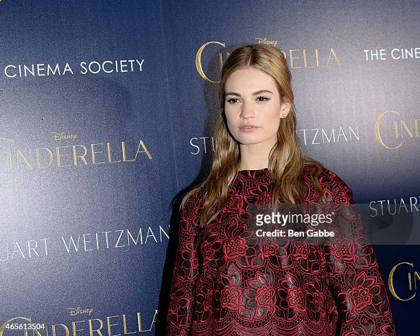 Actress Lily James attends The Cinema Society & Stuart Weitzman Host A Special Screening Of Disney's "Cinderella" at Tribeca Grand Hotel on March 8,...
