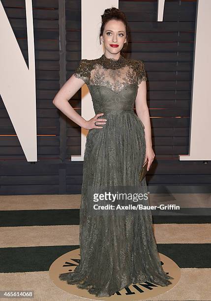 Actress Kat Dennings arrives at the 2015 Vanity Fair Oscar Party Hosted By Graydon Carter at Wallis Annenberg Center for the Performing Arts on...