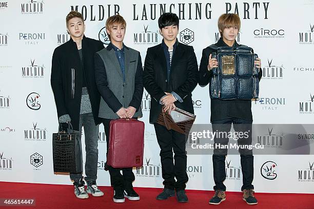 Cheon Dung, Seungho, G.O and Mir of South Korean boy band MBLAQ attend the Moldir Launching Party on January 24, 2014 in Seoul, South Korea.