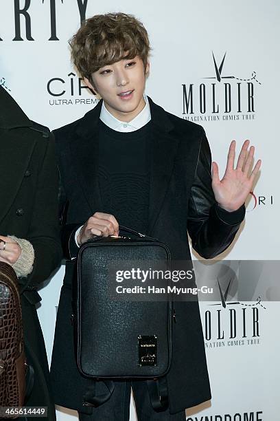 Member of South Korean boy band U-Kiss attends the Moldir Launching Party on January 24, 2014 in Seoul, South Korea.