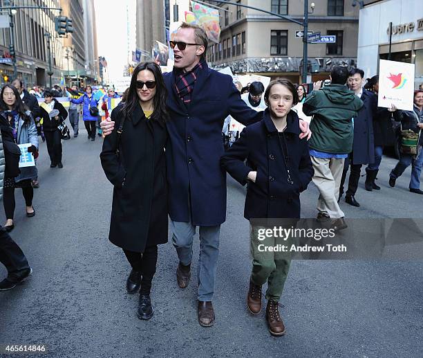 Jennifer Connelly, Paul Bettany and Stellan Bettany participate in the 2015 International Women's Day March at Dag Hammarskjöld Plaza on March 8,...