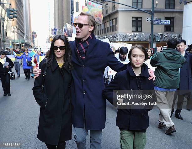 Jennifer Connelly, Paul Bettany and Stellan Bettany participate in the 2015 International Women's Day March at Dag Hammarskjöld Plaza on March 8,...