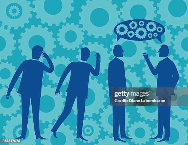 two men eavesdropping on conversation blue silhouettes with gears background - eavesdropping stock illustrations