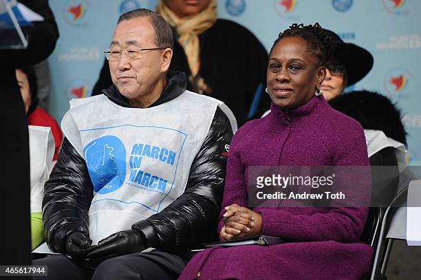 Secretary-General Ban Ki-moon and Chirlane McCray attend the 2015 International Women's Day March at Dag Hammarskjöld Plaza on March 8, 2015 in New...