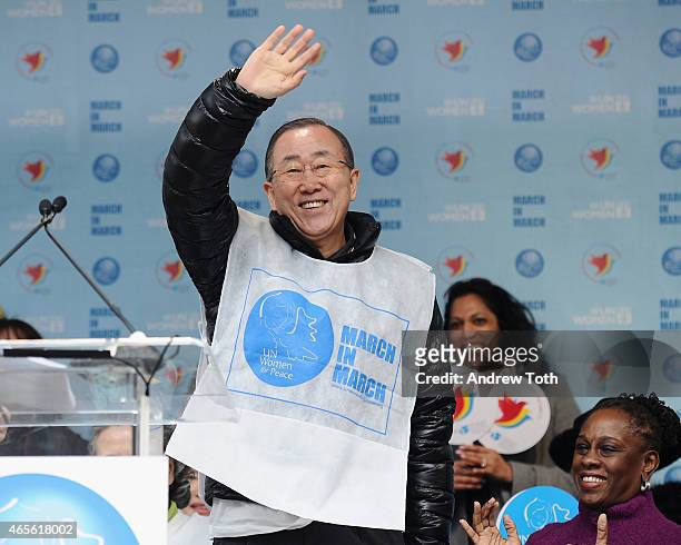 Secretary-General Ban Ki-moon attends the 2015 International Women's Day March at Dag Hammarskjöld Plaza on March 8, 2015 in New York City.
