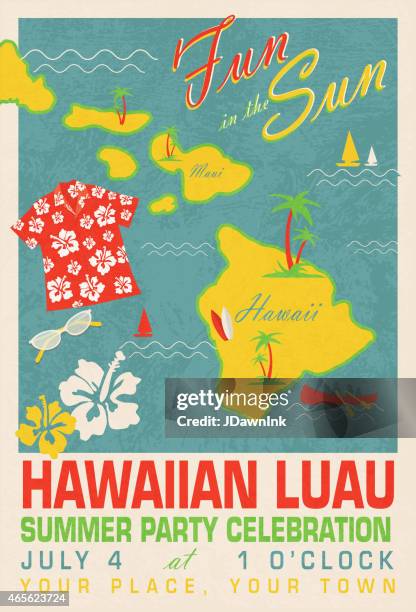 ilustrações, clipart, desenhos animados e ícones de diversão sob o sol hawaiian luau design retrô modelo de convite - camisa havaiana