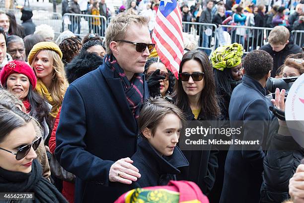 Paul Bettany, Stellan Bettany and Jennifer Connelly attend the 2015 International Women's Day March at Dag Hammarskjold Plaza on March 8, 2015 in New...