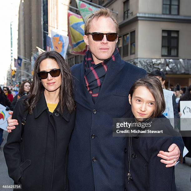 Jennifer Connelly, Paul Bettany and Stellan Bettany attend the 2015 International Women's Day March at Dag Hammarskjold Plaza on March 8, 2015 in New...