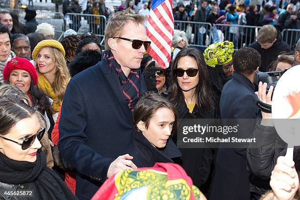 Paul Bettany, Stellan Bettany and Jennifer Connelly attend the 2015 International Women's Day March at Dag Hammarskjold Plaza on March 8, 2015 in New...