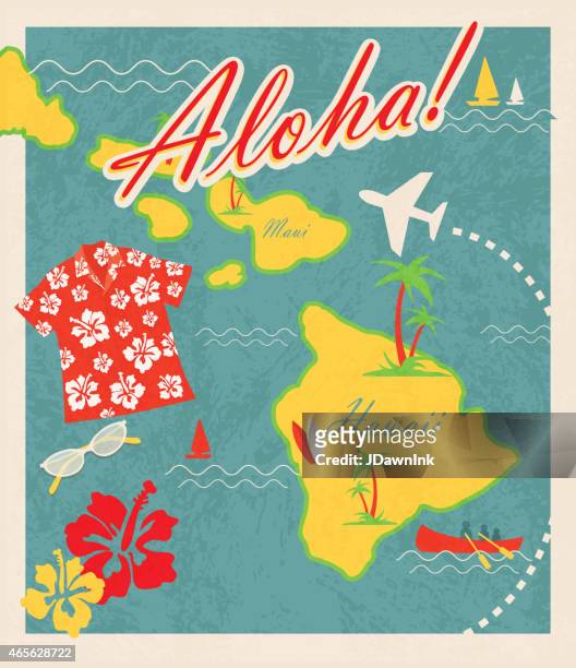 stockillustraties, clipart, cartoons en iconen met aloha retro hawaiian luau map design travel theme invitation design - hawaiian shirt