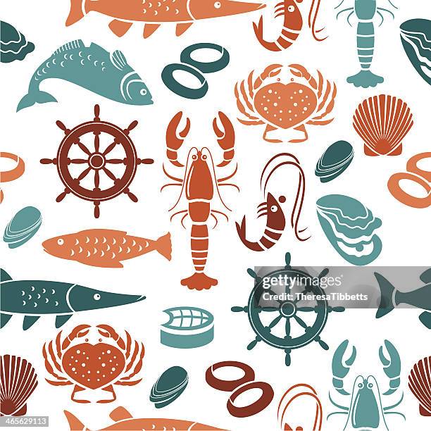 ilustrações, clipart, desenhos animados e ícones de frutos do mar do padrão de repetição - seafood