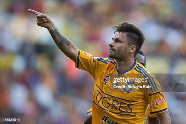 Rafael Sobis of Tigres celebrates after scoring the first goal of his team during a match between Leones Negros and Tigres UANL as part of 9th round...
