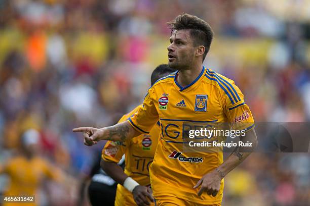 Rafael Sobis of Tigres celebrates after scoring the first goal of his team during a match between Leones Negros and Tigres UANL as part of 9th round...