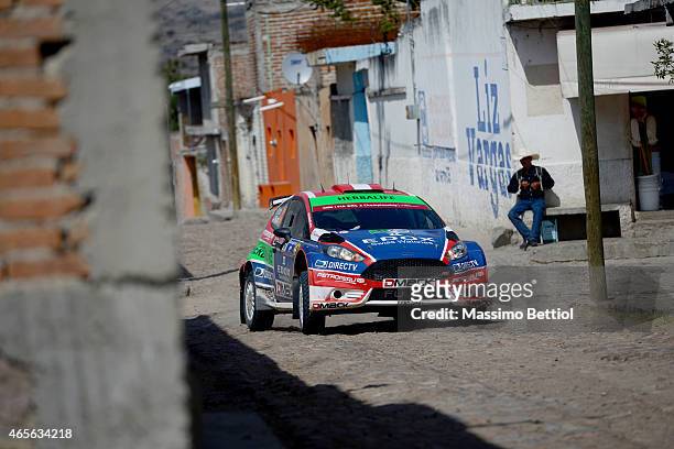 Nicolas Fuchs of Peru and Fernando Mussano of Argentina compete in their Ford Fiesta R5 during Day Three of the WRC Mexico on March 8, 2015 in Leon,...
