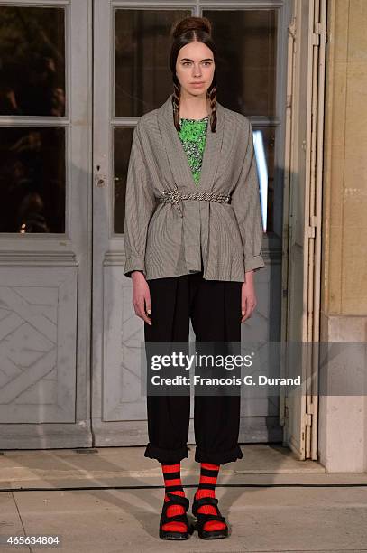 Model walks the runway during the Jean Paul Lespagnard show as part of the Paris Fashion Week Womenswear Fall/Winter 2015/2016 on March 8, 2015 in...