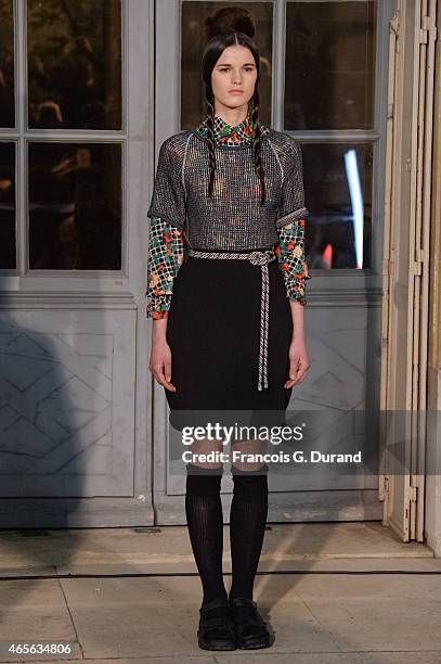 Model walks the runway during the Jean Paul Lespagnard show as part of the Paris Fashion Week Womenswear Fall/Winter 2015/2016 on March 8, 2015 in...