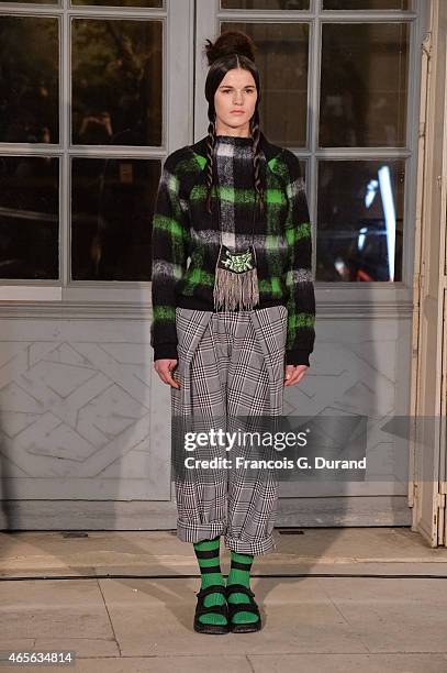 Model walks the runway during the Jean Paul Lespagnard show as part of the Paris Fashion Week Womenswear Fall/Winter 2015/2016 on March 8, 2015 in...