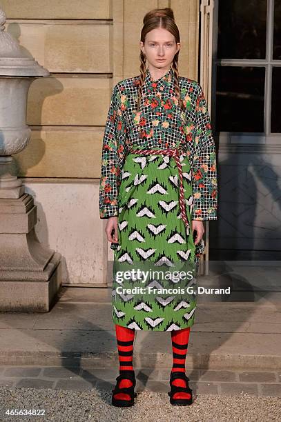 Model walks the runway during the Jean Paul Lespagnard show as part of the Paris Fashion Week Womenswear Fall/Winter 2015/2016 on March 8, 2015 in...