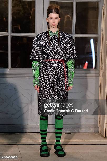 Model walks the runway during the Jean Paul Lespagnard show as part of the Paris Fashion Week Womenswear Fall/Winter 2015/2016 on March 8, 2015 in...