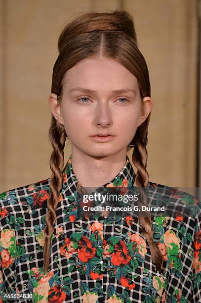 Model walks the runway during the Jean Paul Lespagnard show as part of the Paris Fashion Week Womenswear Fall/Winter 2015/2016 on March 8, 2015 in...