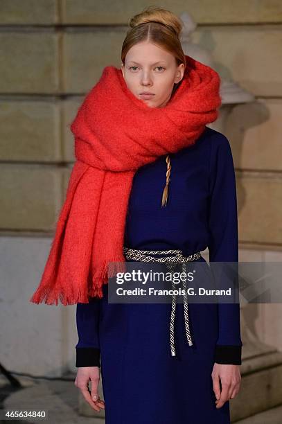 Model walks the runway during the Jean Paul Lespagnard show as part of the Paris Fashion Week Womenswear Fall/Winter 2015/2016 on March 8, 2015 in...