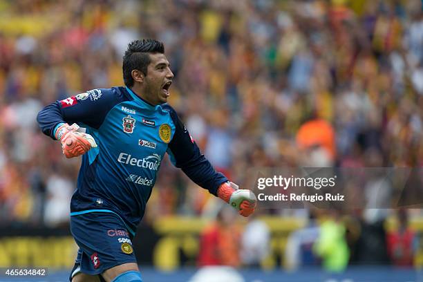 Gabriel Hernandez goalkeeper of Leones Negros celebrates a goal of his team during a match between Leones Negros and Tigres UANL as part of 9th round...