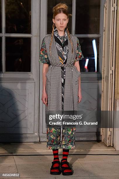 Model walks the runway during the Jean Paul Lespagnard show as part of the Paris Fashion Week Womenswear Fall/Winter 2015/2016 on March 8, 2015 in...