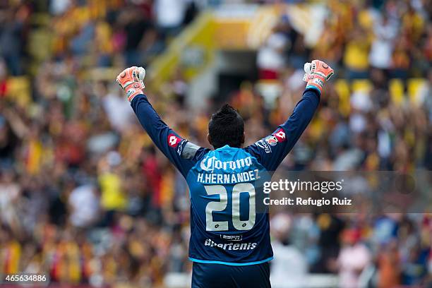 Gabriel Hernandez goalkeeper of Leones Negros celebrates his team goal during a match between Leones Negros and Tigres UANL as part of 9th round...