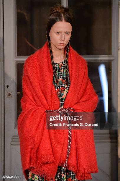 Model walks the runway during the Jean Paul Lespagnard show as part of the Paris Fashion Week Womenswear Fall/Winter 2015/2016 on March 8, 2015 in...