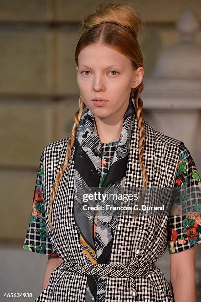 Model walks the runway during the Jean Paul Lespagnard show as part of the Paris Fashion Week Womenswear Fall/Winter 2015/2016 on March 8, 2015 in...