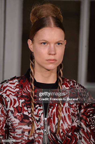 Model walks the runway during the Jean Paul Lespagnard show as part of the Paris Fashion Week Womenswear Fall/Winter 2015/2016 on March 8, 2015 in...