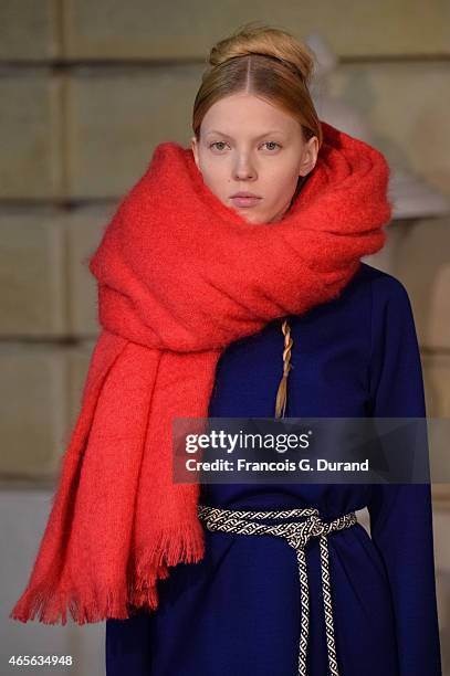 Model walks the runway during the Jean Paul Lespagnard show as part of the Paris Fashion Week Womenswear Fall/Winter 2015/2016 on March 8, 2015 in...