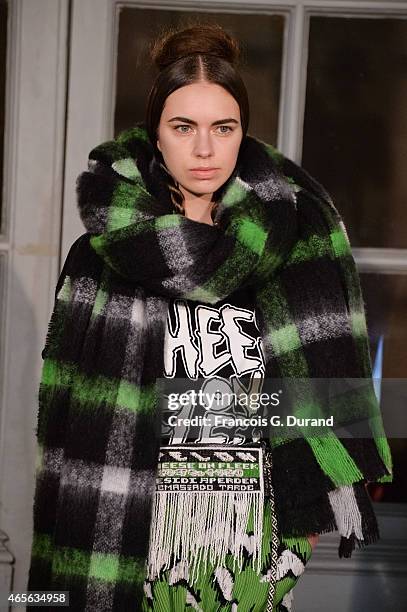 Model walks the runway during the Jean Paul Lespagnard show as part of the Paris Fashion Week Womenswear Fall/Winter 2015/2016 on March 8, 2015 in...