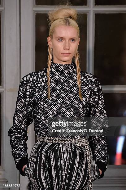 Model walks the runway during the Jean Paul Lespagnard show as part of the Paris Fashion Week Womenswear Fall/Winter 2015/2016 on March 8, 2015 in...