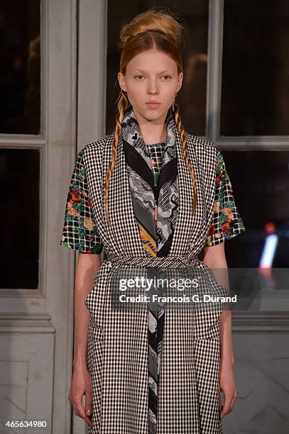 Model walks the runway during the Jean Paul Lespagnard show as part of the Paris Fashion Week Womenswear Fall/Winter 2015/2016 on March 8, 2015 in...