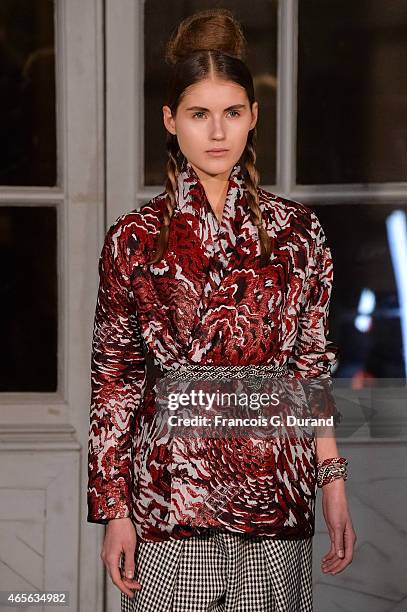 Model walks the runway during the Jean Paul Lespagnard show as part of the Paris Fashion Week Womenswear Fall/Winter 2015/2016 on March 8, 2015 in...