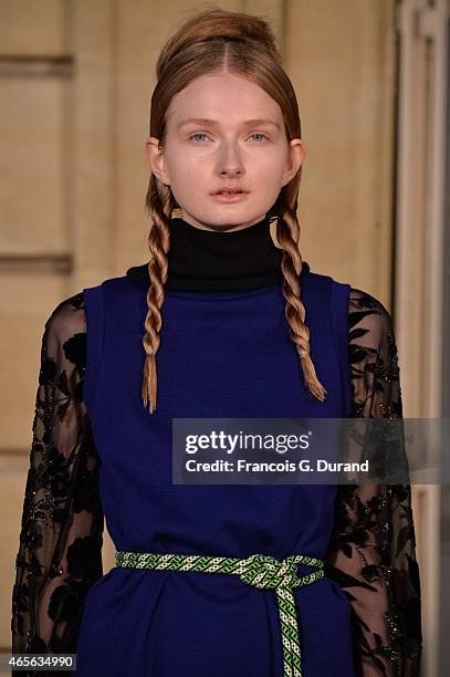 Model walks the runway during the Jean Paul Lespagnard show as part of the Paris Fashion Week Womenswear Fall/Winter 2015/2016 on March 8, 2015 in...