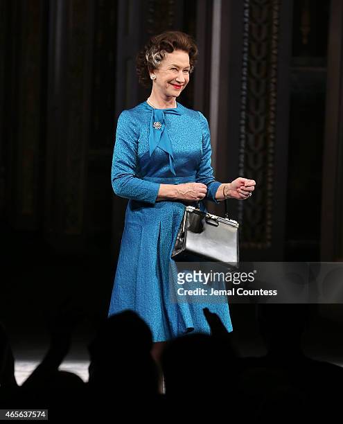 Actress Helen Mirren takes a bow during curtain call for the Broadway Opening night of "The Audience" at the Gerald Schoenfeld Theatre on March 8,...