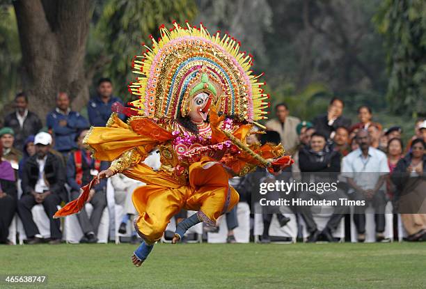 Folk artists from West Bengal who participated in the Republic Day Parade perform Purulia Chhau Dance in front of Vice President Hamid Ansari at Vice...